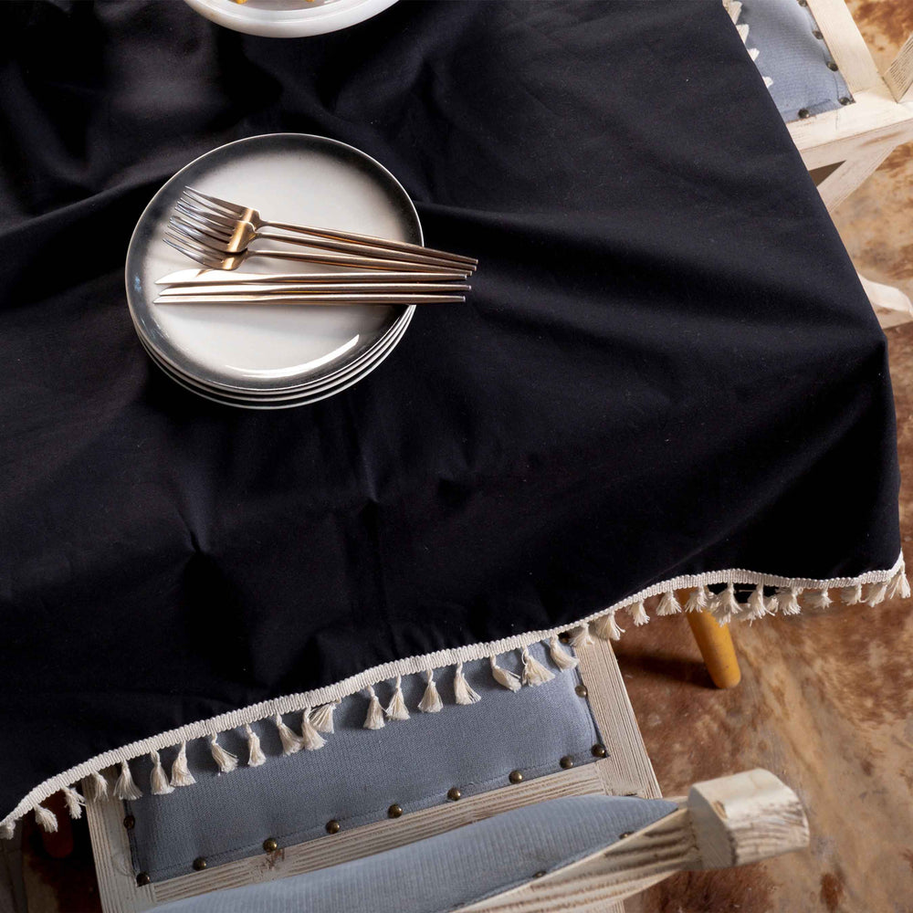 
            
                Load image into Gallery viewer, Black Tasselled Pure Cotton Table Cloth
            
        