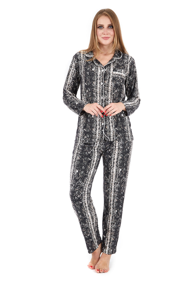 Black Pyjama Set with Snake Design and White Piping