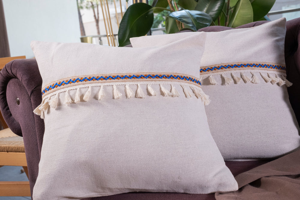 Multicoloured Zig-zag Banner Linen Cushion Cover with Tassel Edging