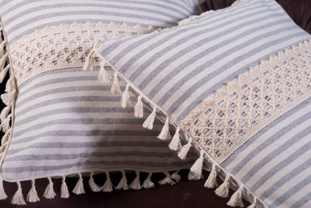 Margate- Lace and Tassel Fringed Design Pure Linen Cushion Cover - Grey Striped