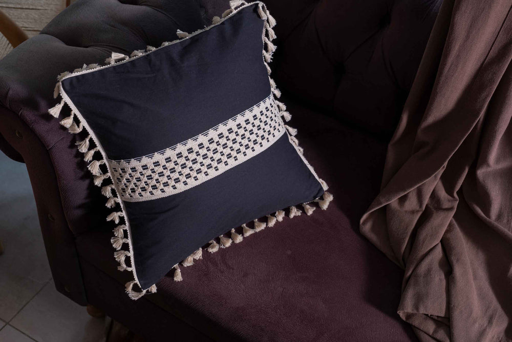Tassel Fringed Design Cotton Laced Cushion Cover - Black