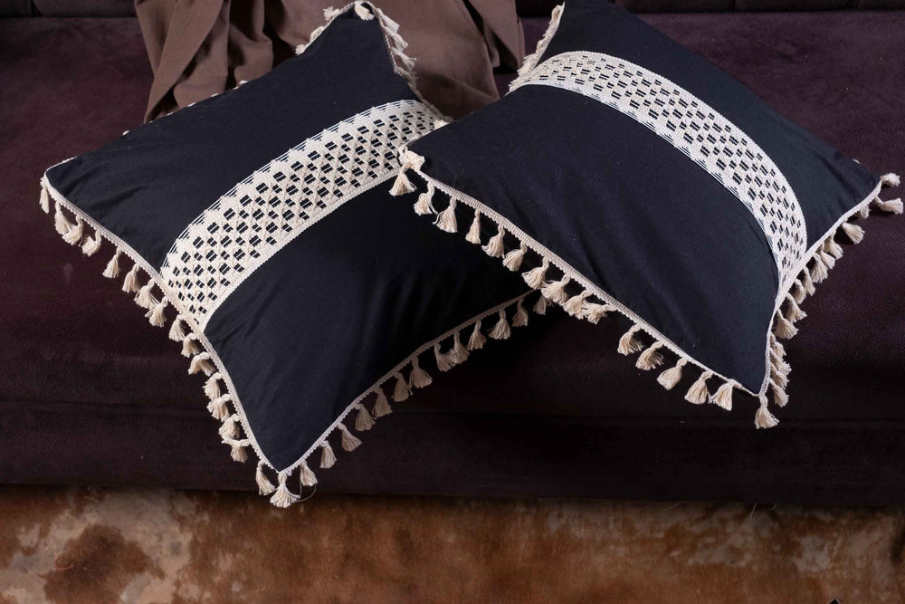 Tassel Fringed Design Cotton Laced Cushion Cover - Black
