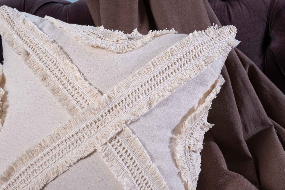 Fashionista Design Macrame Tassel Fringed Linen Cushion Cover - Square
