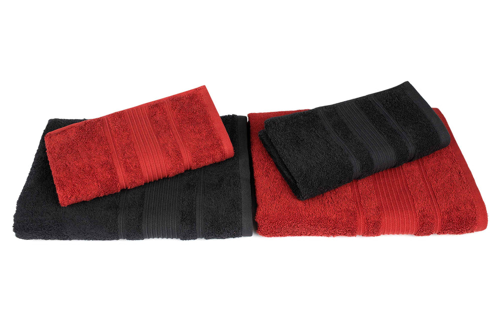 
            
                Load image into Gallery viewer, Mistley Collection 2 Bath Towels &amp;amp; 2 Head Scarves - Black &amp;amp; Claret Red
            
        