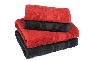 
            
                Load image into Gallery viewer, Mistley Collection 2 Bath Towels &amp;amp; 2 Head Scarves - Black &amp;amp; Claret Red
            
        