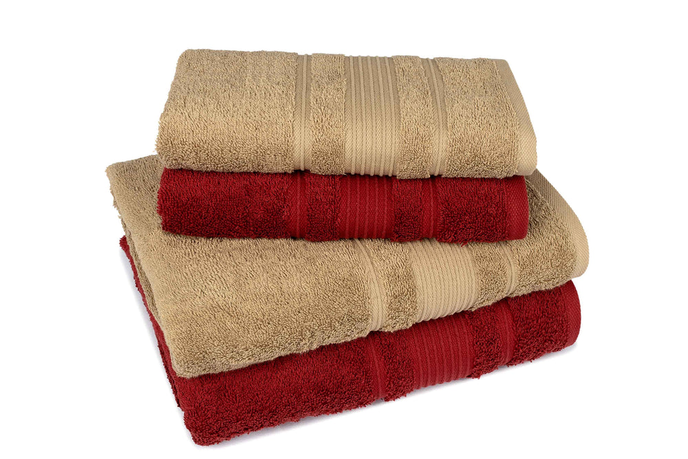 Mistley Collection 2 Bath Towels & 2 Head Scarves - Tan & Claret Red