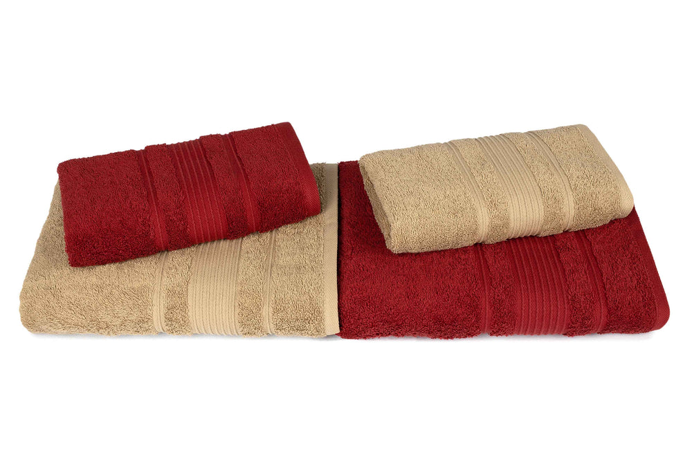 
            
                Load image into Gallery viewer, Mistley Collection 2 Bath Towels &amp;amp; 2 Head Scarves - Tan &amp;amp; Claret Red
            
        