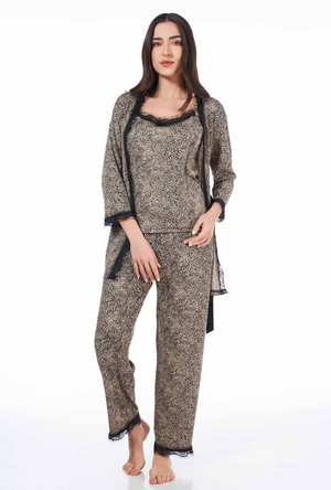 3-Piece Leopard Patterned Viscose Pyjama Set & Robe