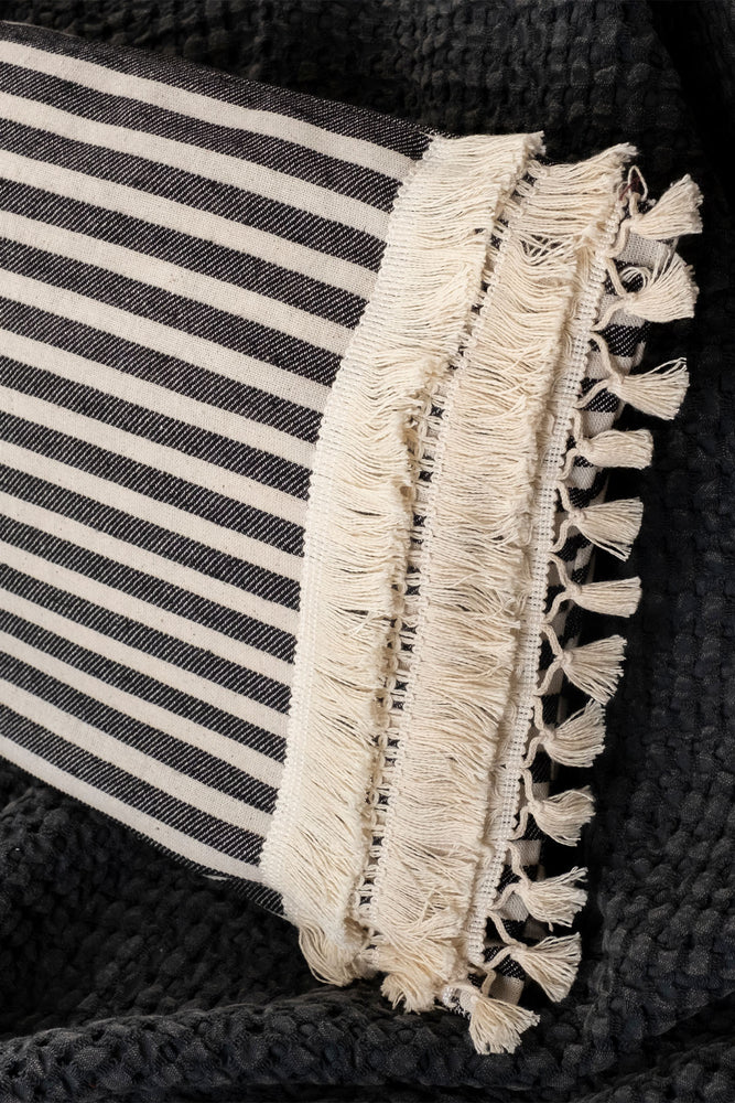 Pure Linen Striped Cushion Cover - with Double Tassels and Laced Edging