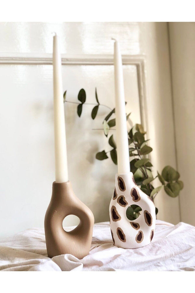 Nordic Decor Beige & Leopard Candle Holder Vase Set of 2