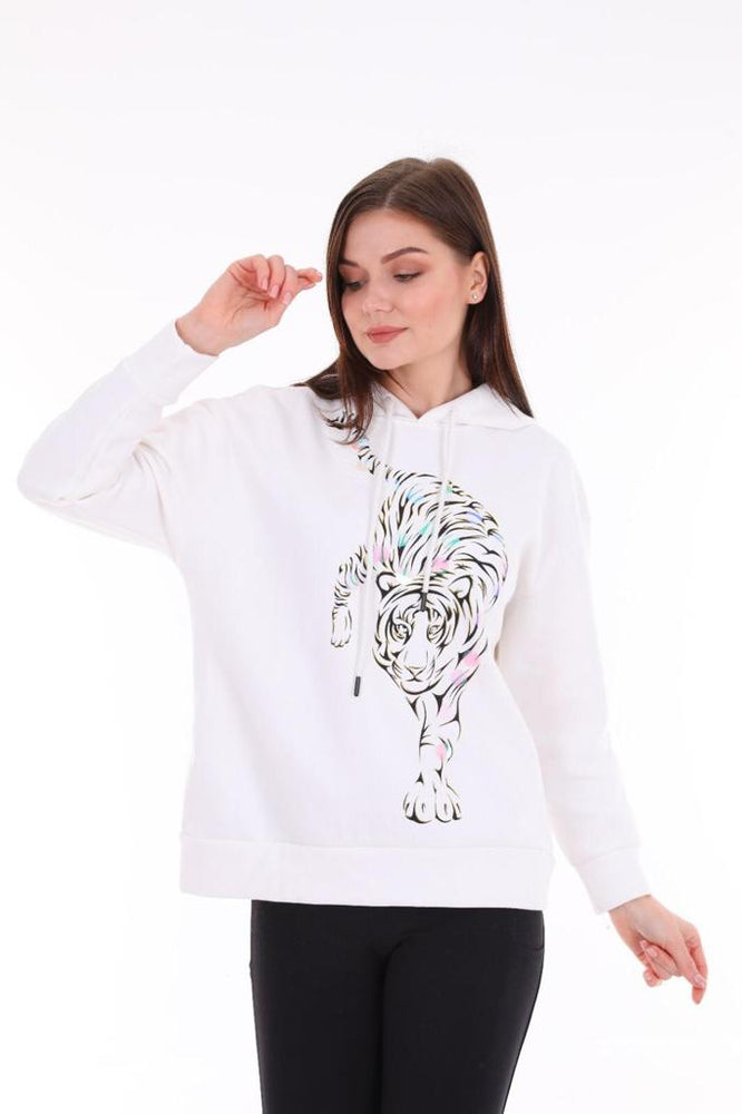 Cotton Hooded Sweatshirt With Lion Print and Sequin Design