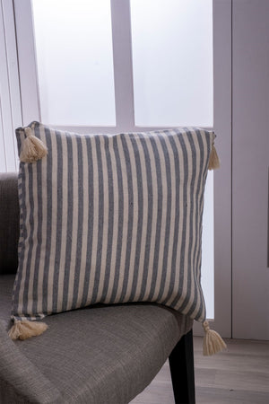 Four Corner Tasseled Pure Linen Cushion Cover - Striped