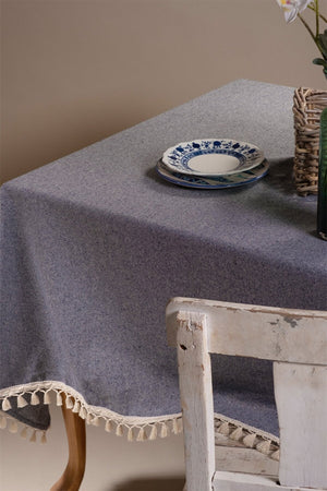 Grey Tasselled Pure Cotton Table Cloth