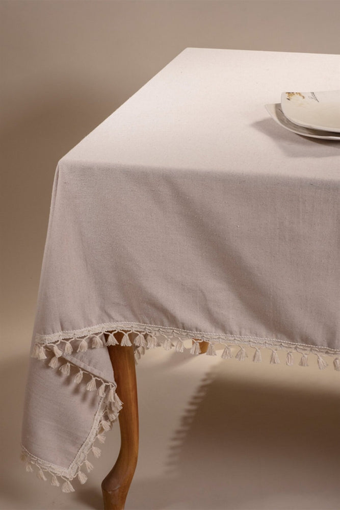 Beige Tasselled Pure Cotton Table Cloth