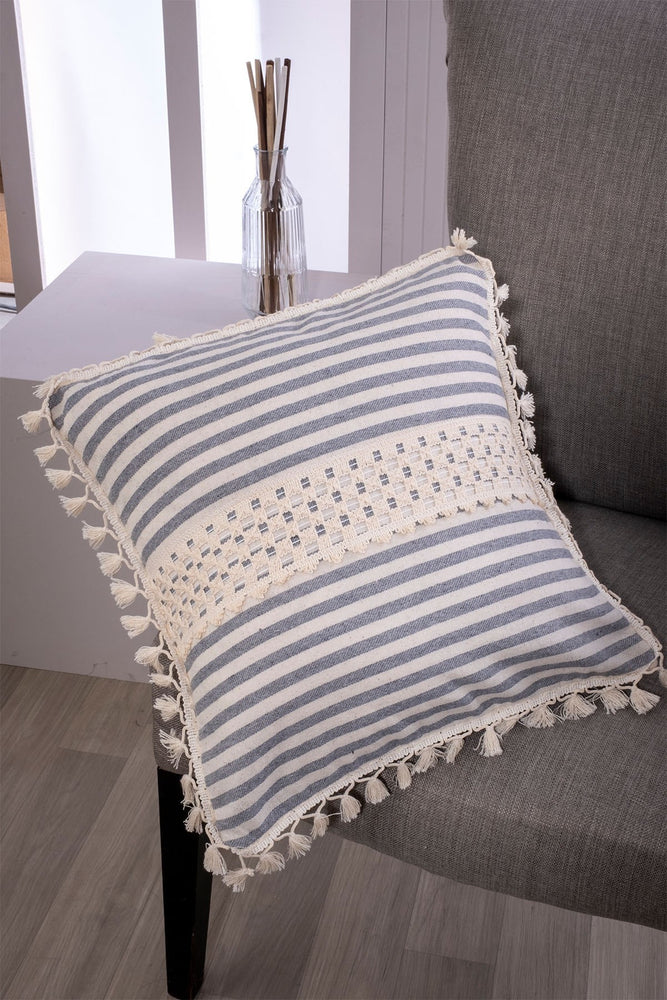 Margate- Lace and Tassel Fringed Design Pure Linen Cushion Cover - Striped