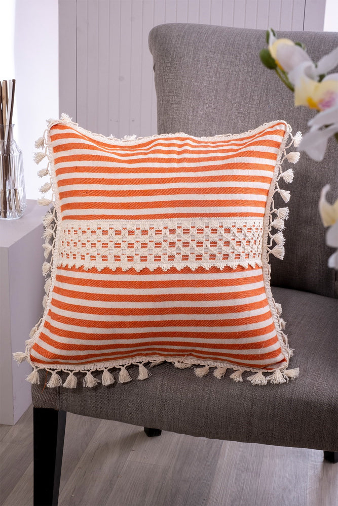 Margate- Lace and Tassel Fringed Design Pure Linen Cushion Cover - Striped