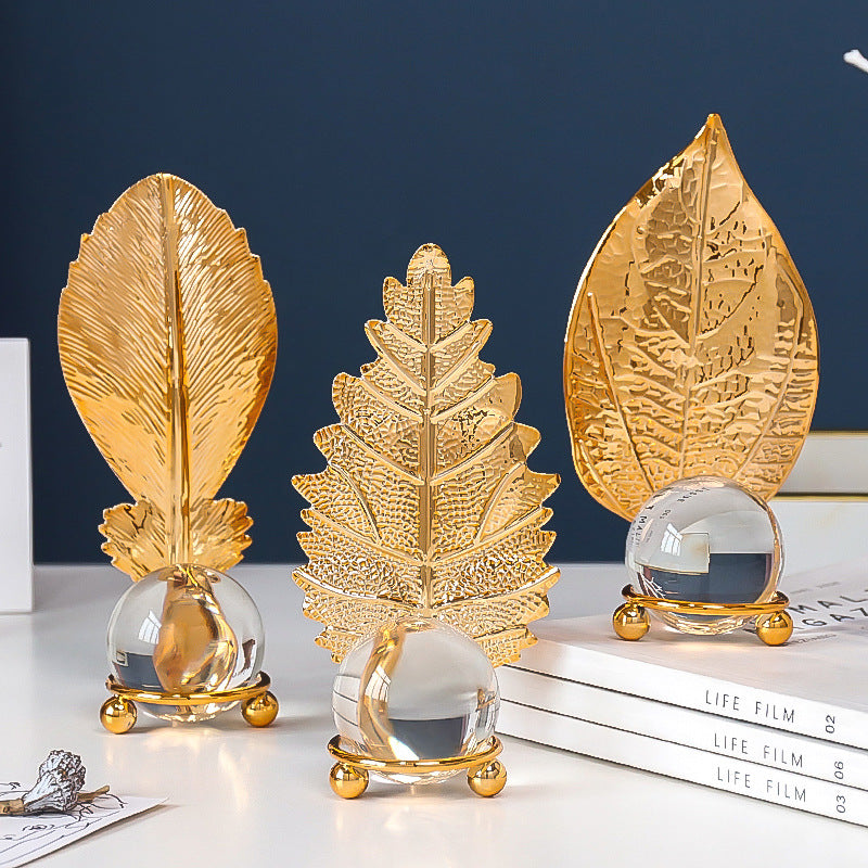 Modern Interior Metal Maple Leaf Art Luxury Crystal Crafts Gold Home Decor