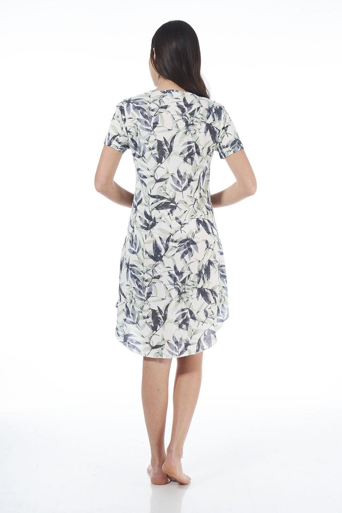 Leaf Patterned Short Sleeve Viscose Comfy Dress