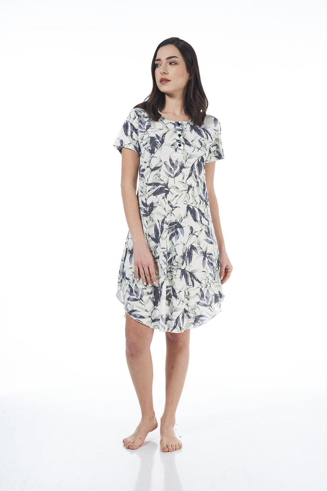 Leaf Patterned Short Sleeve Viscose Comfy Dress