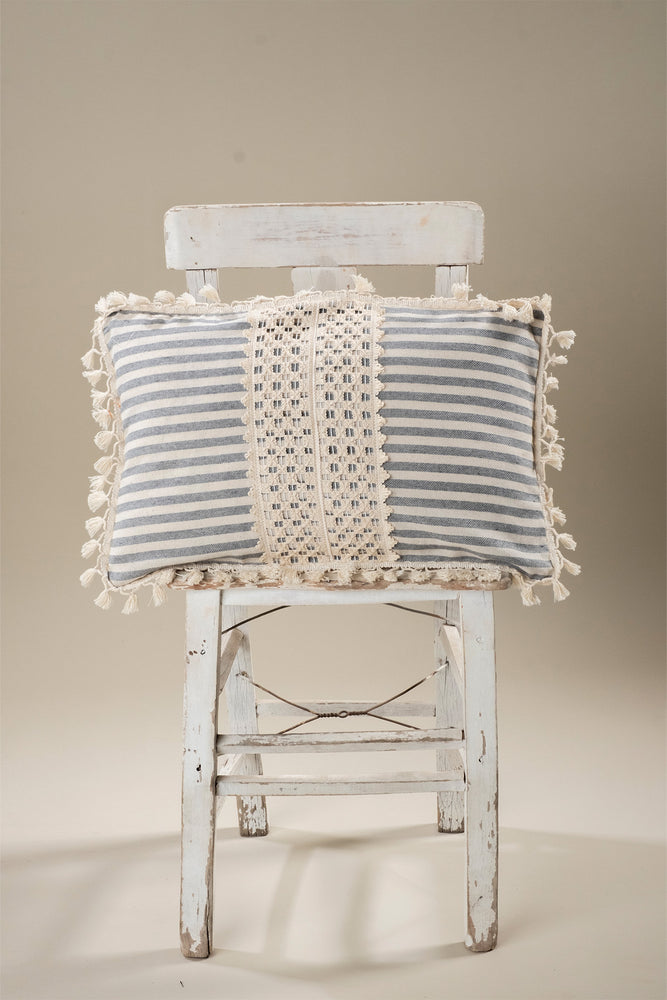 Margate - Lace and Tassel Fringed Design Pure Linen Cushion Cover / Striped