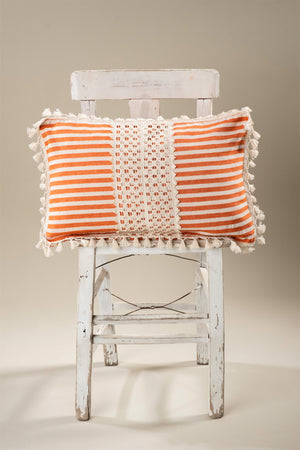 Margate - Lace and Tassel Fringed Design Pure Linen Cushion Cover / Striped